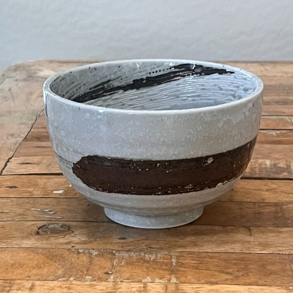 Japanese Ceramic Chawan Matcha Bowl 6.5" Black Swirl Textured Design